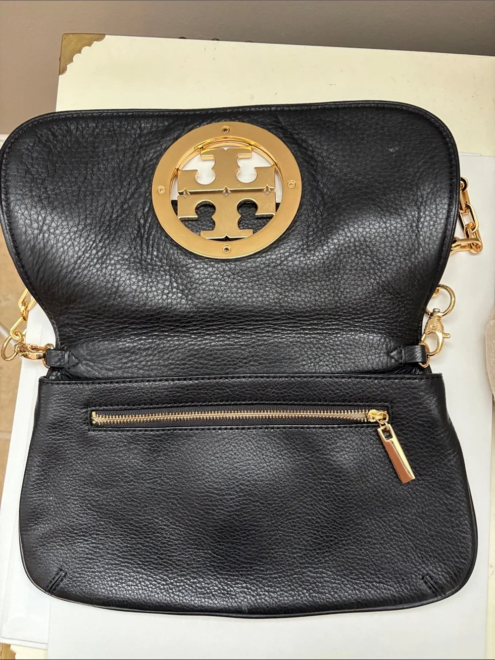 Tory Burch Black Leather Crossbody with Gold Chain Strap